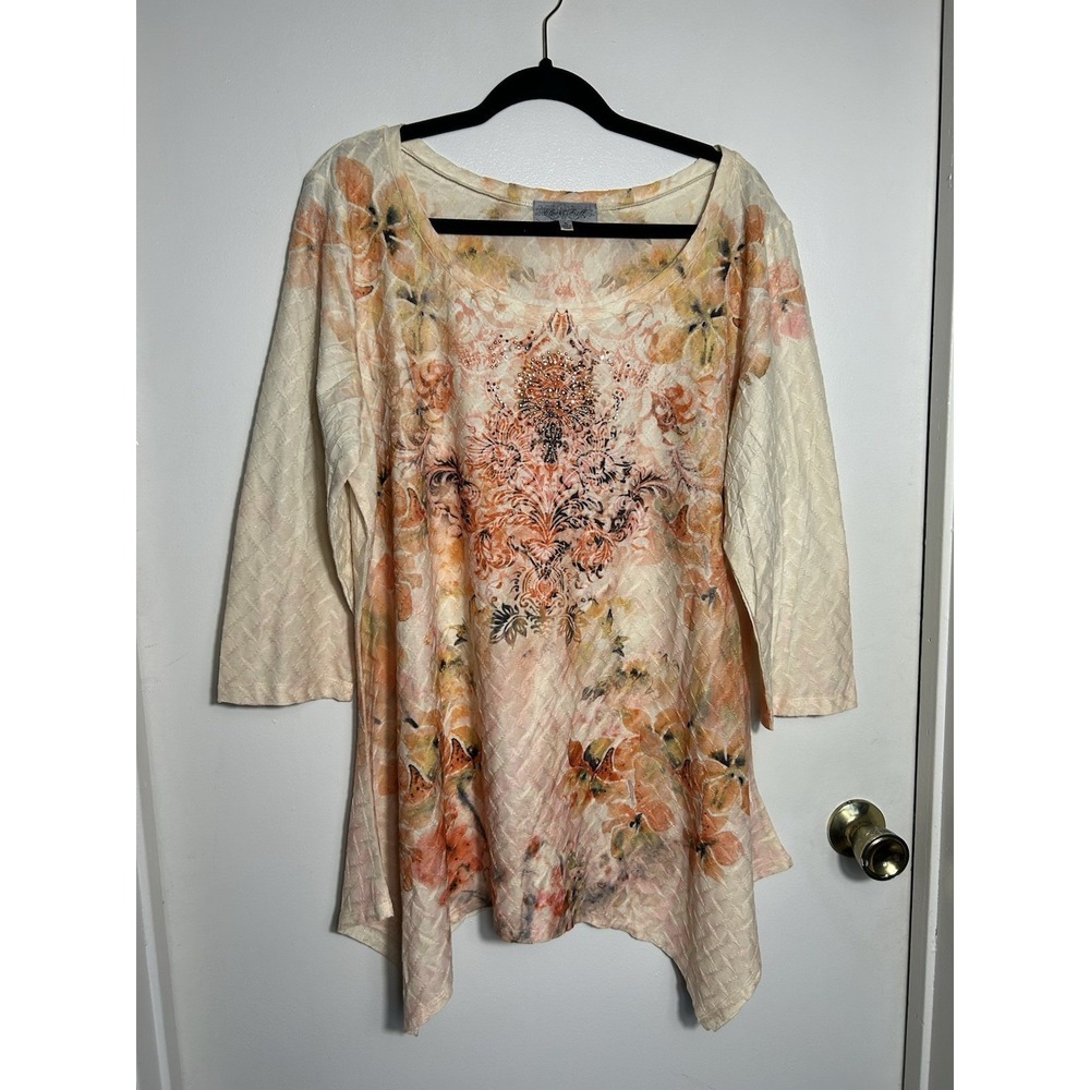Closet Full Tunic XL Orange Floral Damask Rhinestone Embellished‎ Asymmetric Top